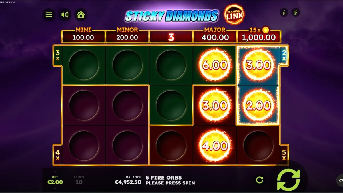 Tampilan visual slot Sticky Diamonds Flaming Link dengan simbol buah dan berlian yang bersinar.
