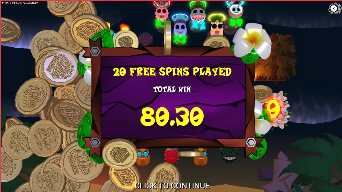 Tampilan visual slot Tikitopia BoosterBelt dengan totem Tiki dan karakter buah-buahan
